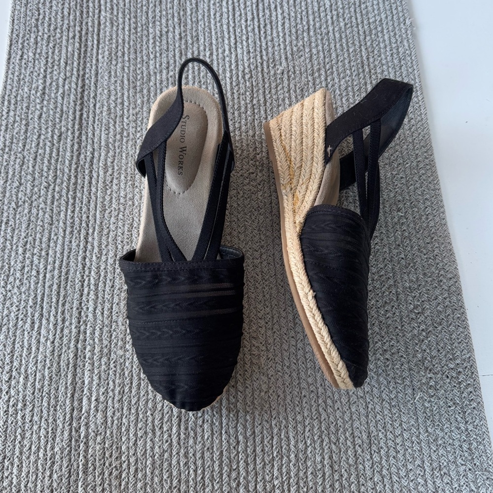 Vintage Studio Works Millie Black Sheer Mesh Canvas Wedge Espadrilles Sandal 9